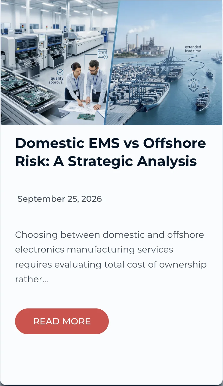 American Precision Electronics blog card for Domestic EMS vs Offshore Risk: A Strategic Analysis, published 25 September 2026