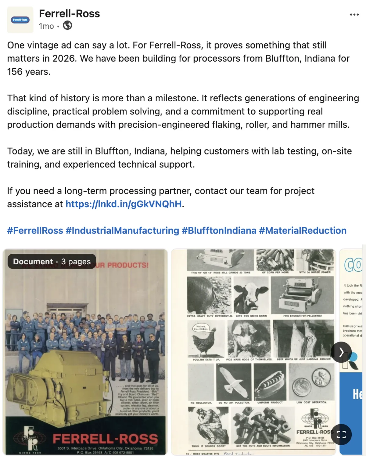 Ferrell-Ross LinkedIn document post using a vintage advertisement to mark 156 years of building for processors