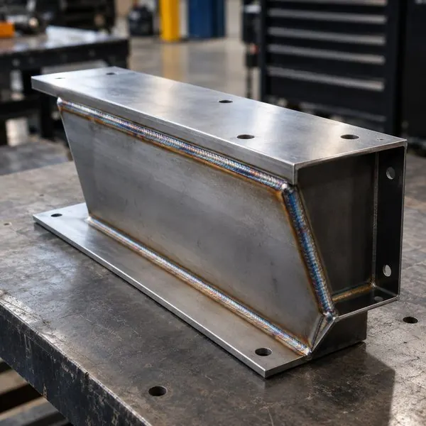 Machined steel enclosure on a workbench