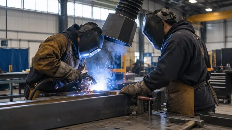 Two welders fabricating steel at a shop bench