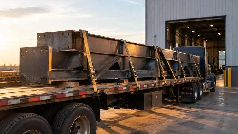 Large fabricated steel assembly secured on a flatbed trailer