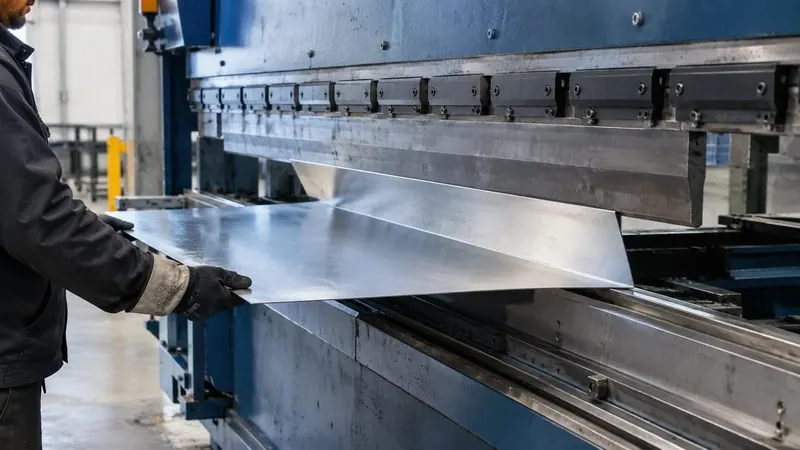 Worker operating a press brake on a sheet-metal panel