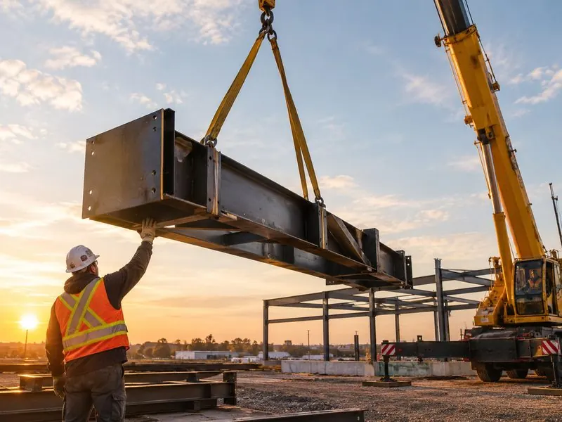 Crane lifting a fabricated steel assembly at an outdoor job site