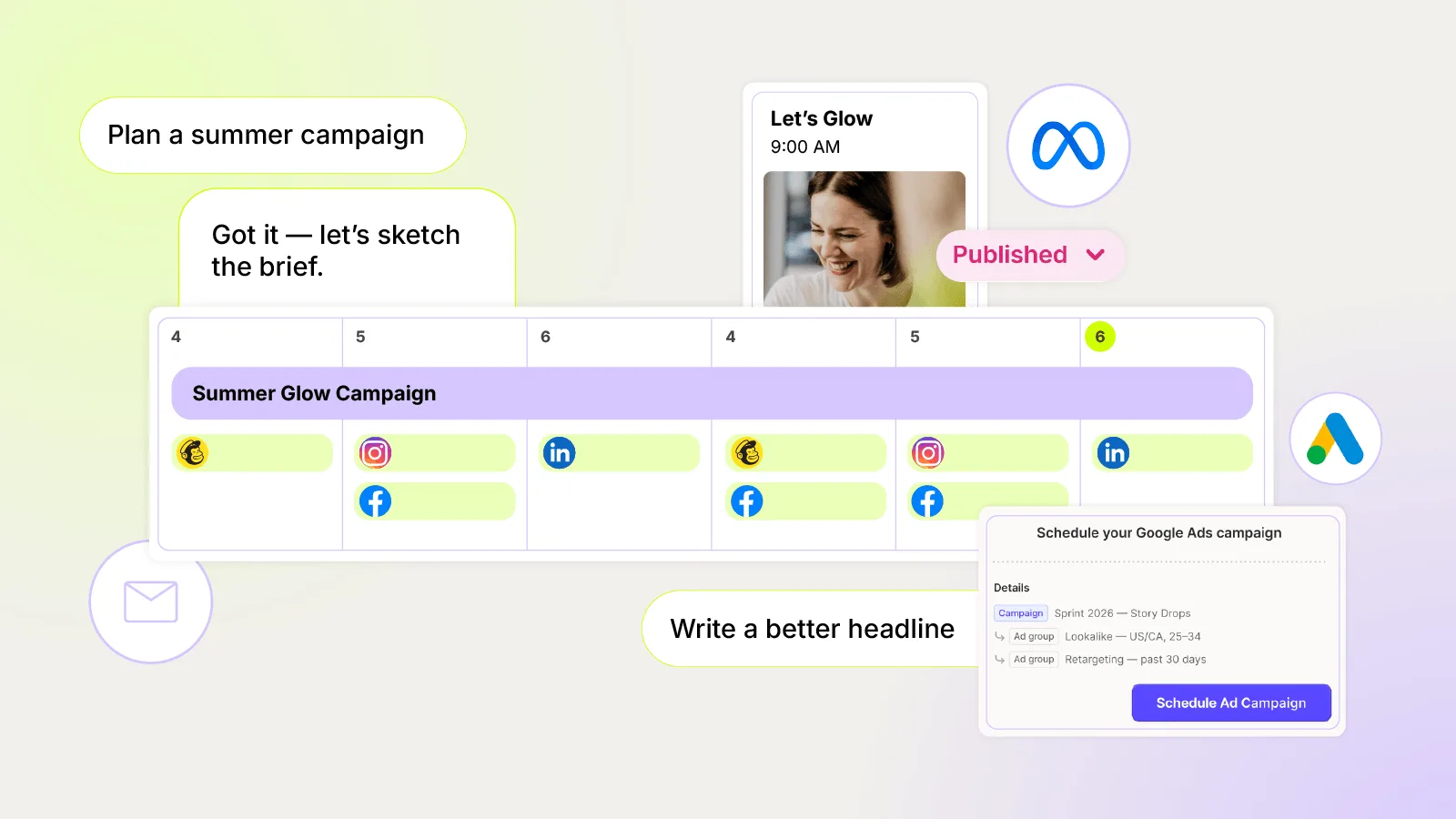 Glowtify planning a summer campaign across chat, calendar, and paid ads